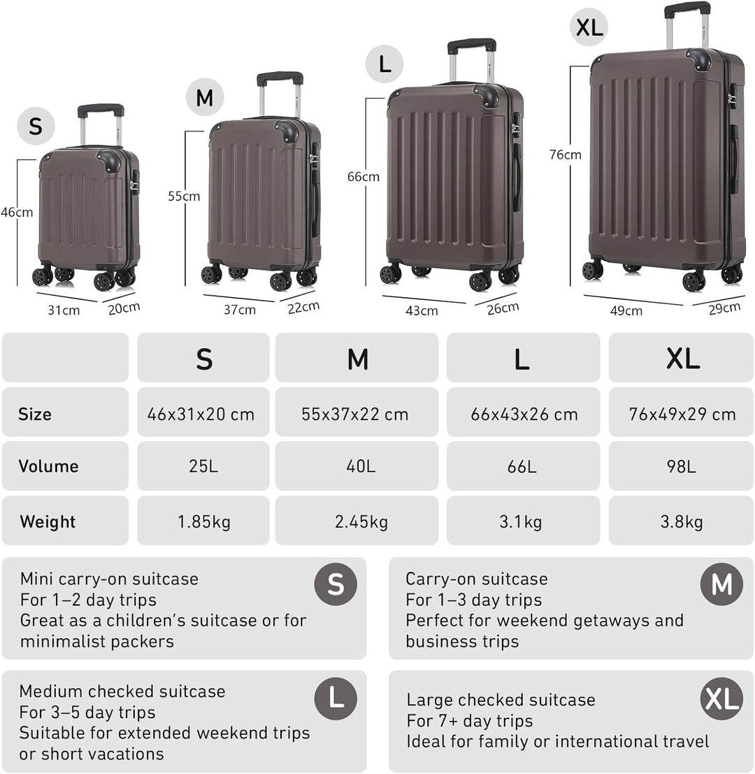 Koffer Suitcase M Braun, Trolley Reisekoffer, Rollkoffer Handgepäck, Kabinenkoffer mit 4 Rollen 360°