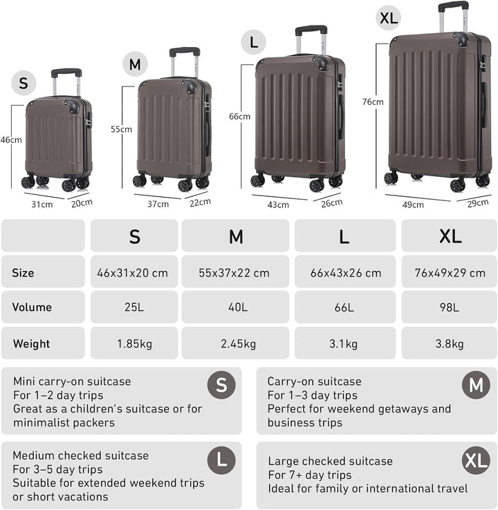 Koffer Suitcase M Braun, Trolley Reisekoffer, Rollkoffer Handgepäck, Kabinenkoffer mit 4 Rollen 360°