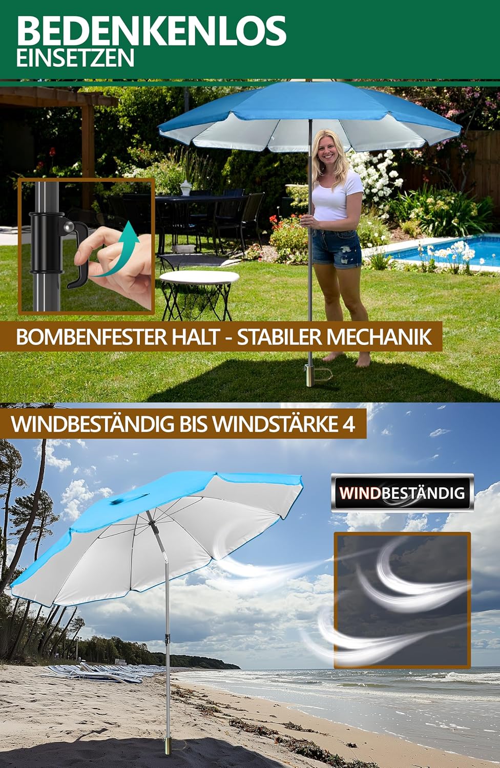 4smile Sonnenschirm Strand 3-IN-1 SET mit Rasendorn, Ø 180 cm, Blau | Strandschirm windfest stabil +