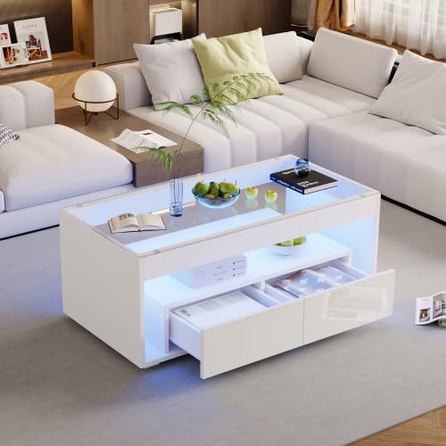 Merax LED Couchtisch – Moderner Wohnzimmertisch in Hochglanzweiss mit App-gesteuerter Beleuchtung, S