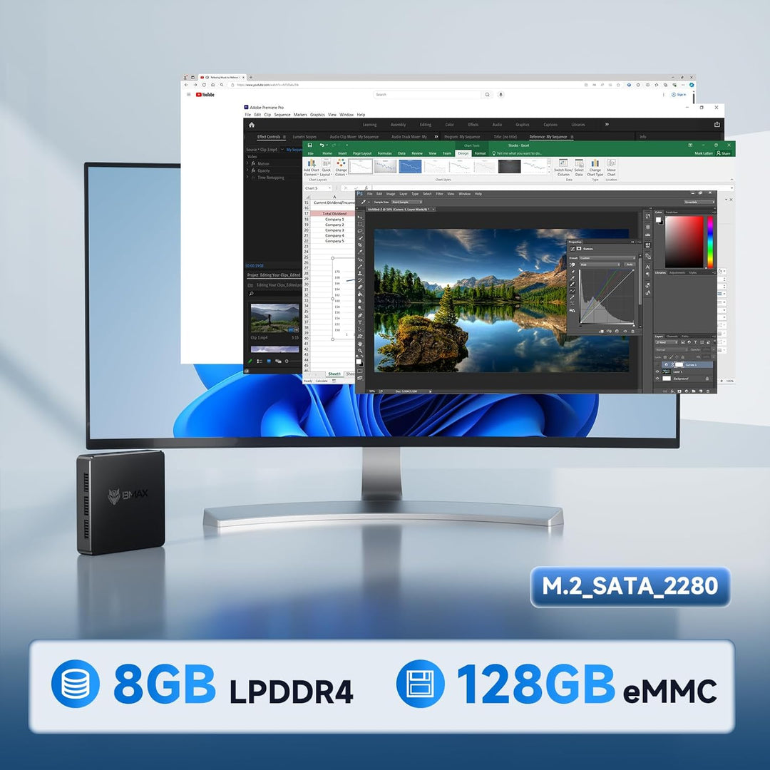 BMAX Mini PC B1 8 GB DDR4 128 GB eMMC, W-11 Pro Gemini Lake N4000 (bis zu 2,6 GHz), Desktop PC Mini