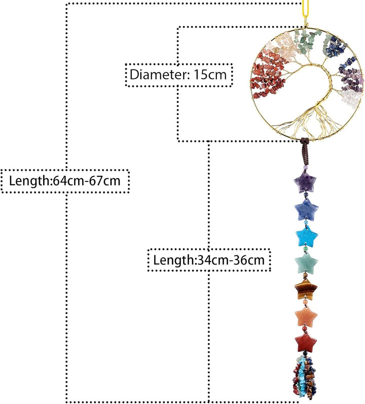 KYEYGWO 7 Chakren Stein Baum des Lebens Hängen Deko mit Stern Trommelsteine Quaste, Kristall Wand Hä