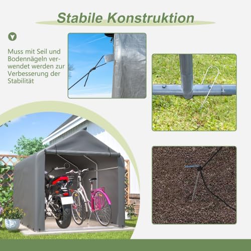 Fahrradgarage mit Rolltor 160x220x165 cm, wetterfester PE-Geräteschuppen, grau, für Fahrrad, Motorra