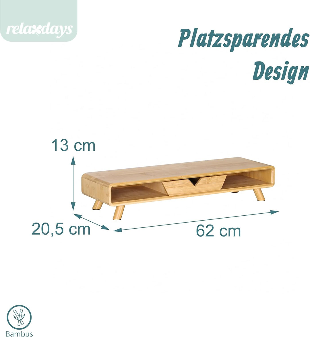 Relaxdays Monitorständer, 2 Fächer &amp; Schublade, HBT: 13 x 62 x 20,5 cm, Bambus, Schreibtisch, Bildsc