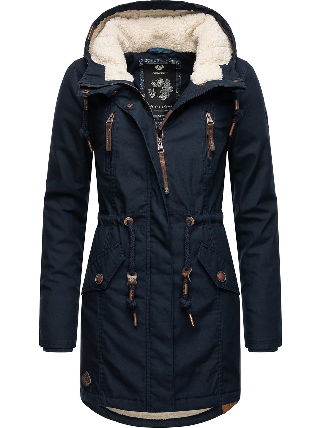 Ragwear Damen Mantel lange warme Winterjacke mit Teddyfell-Kapuze Elsie Intl XS-6XL M Navy22, M Navy