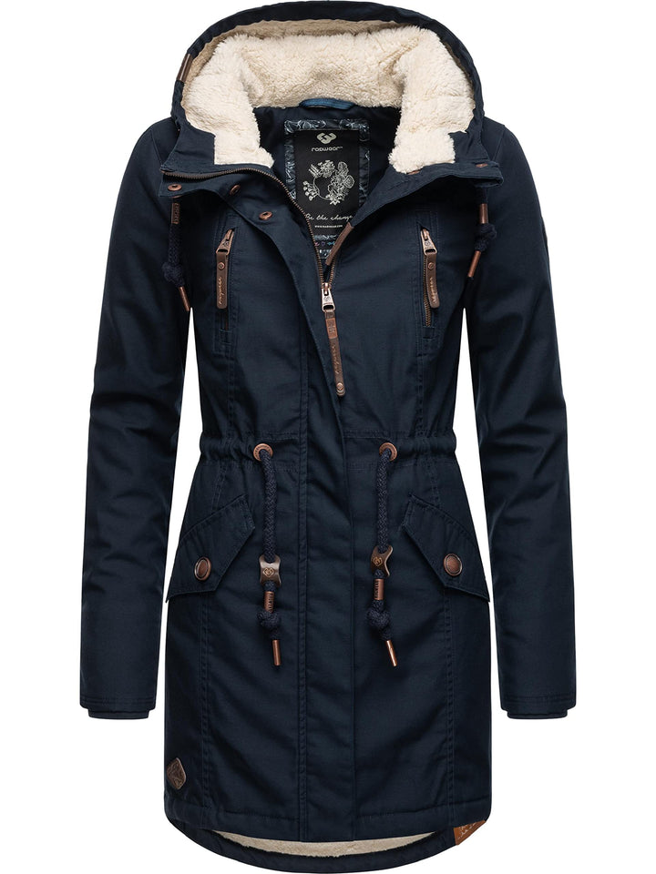 Ragwear Damen Mantel lange warme Winterjacke mit Teddyfell-Kapuze Elsie Intl XS-6XL M Navy22, M Navy