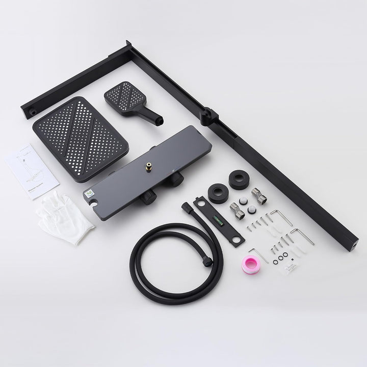 HOMELODY Duschsystem mit Thermostat und Glasablage Schwarz - Duscharmatur Komplettset mit 30x20 cm R