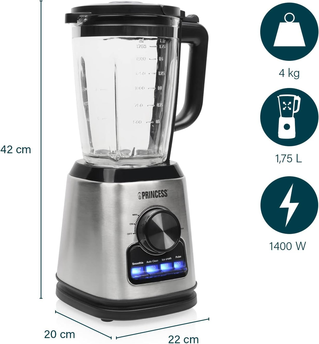 Princess Standmixer 212094 – 1400 Watt – 1,75 L Glaskrug – Puls-, Ice-Crush und Selbstreinigungsfunk