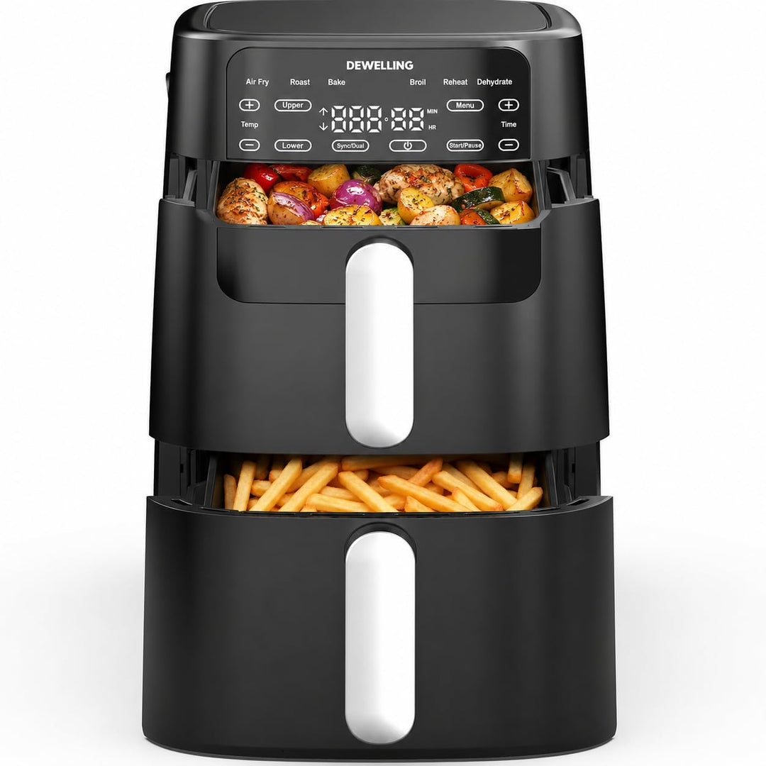 Vertikale Airfryer 10L XXL - 2700W Heissluftfritteuse 2 Kammern, Heissluftfritteuse mit 6 Programme,