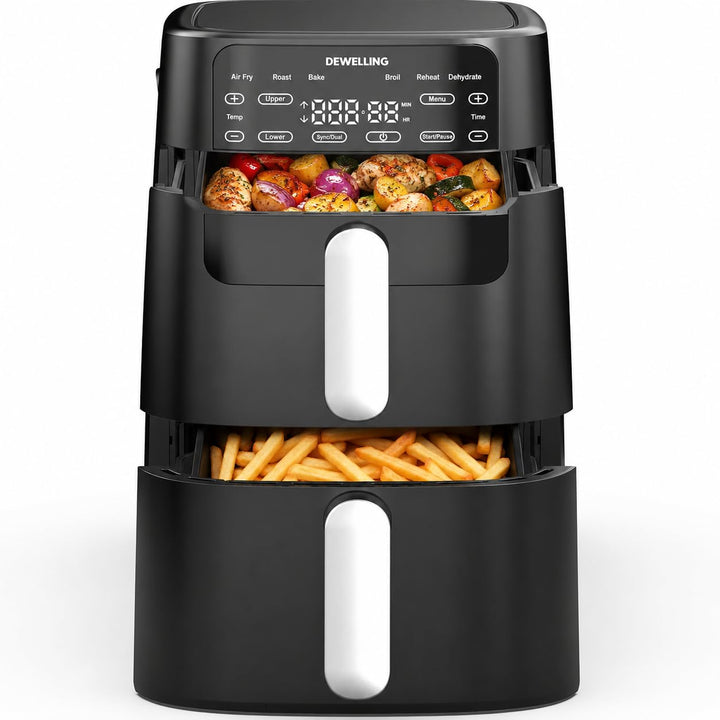 Vertikale Airfryer 10L XXL - 2700W Heissluftfritteuse 2 Kammern, Heissluftfritteuse mit 6 Programme,