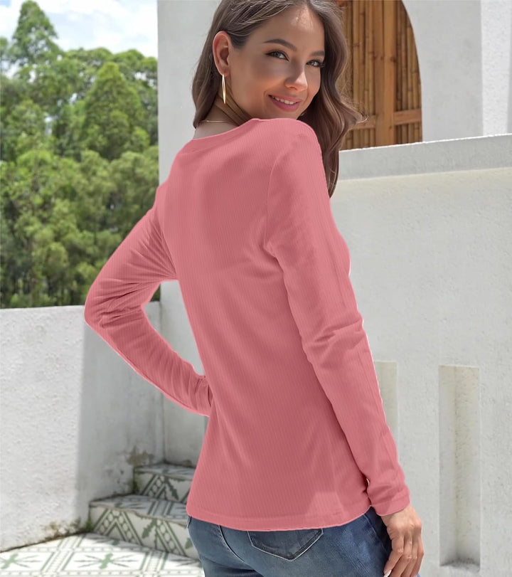 Chicrise Langarmshirt Damen V Ausschnitt Langarm Pullover Basic Eng Ribbed Oberteile, Rosa S