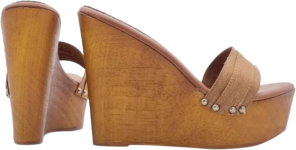 Damen Clogs mit 13 cm Keilabsatz Doppelband Braun - KZ3101 MARRONE (35 EU, BRAUN) 35 EU Braun, 35 EU