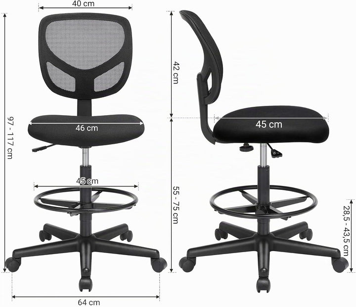 SONGMICS Arbeitsstuhl, Bürostuhl, Sitzhöhe 55-75 cm, hoher Drehstuhl mit Verstellbarer Fussstütze, B