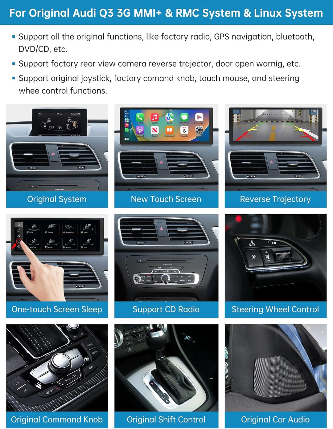 Autoradio 10,25 Zoll Touchscreen mit kabellosem Carplay &amp; Android Auto für 2013–2018 Audi Q3 mit 3G