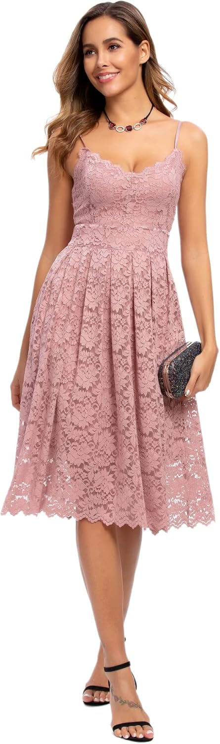 Atnlewhi Damen Vintage ärmellosen V-Ausschnitt A-Linie Kleid Blumen Knielang Spitzenkleid Brautjungf