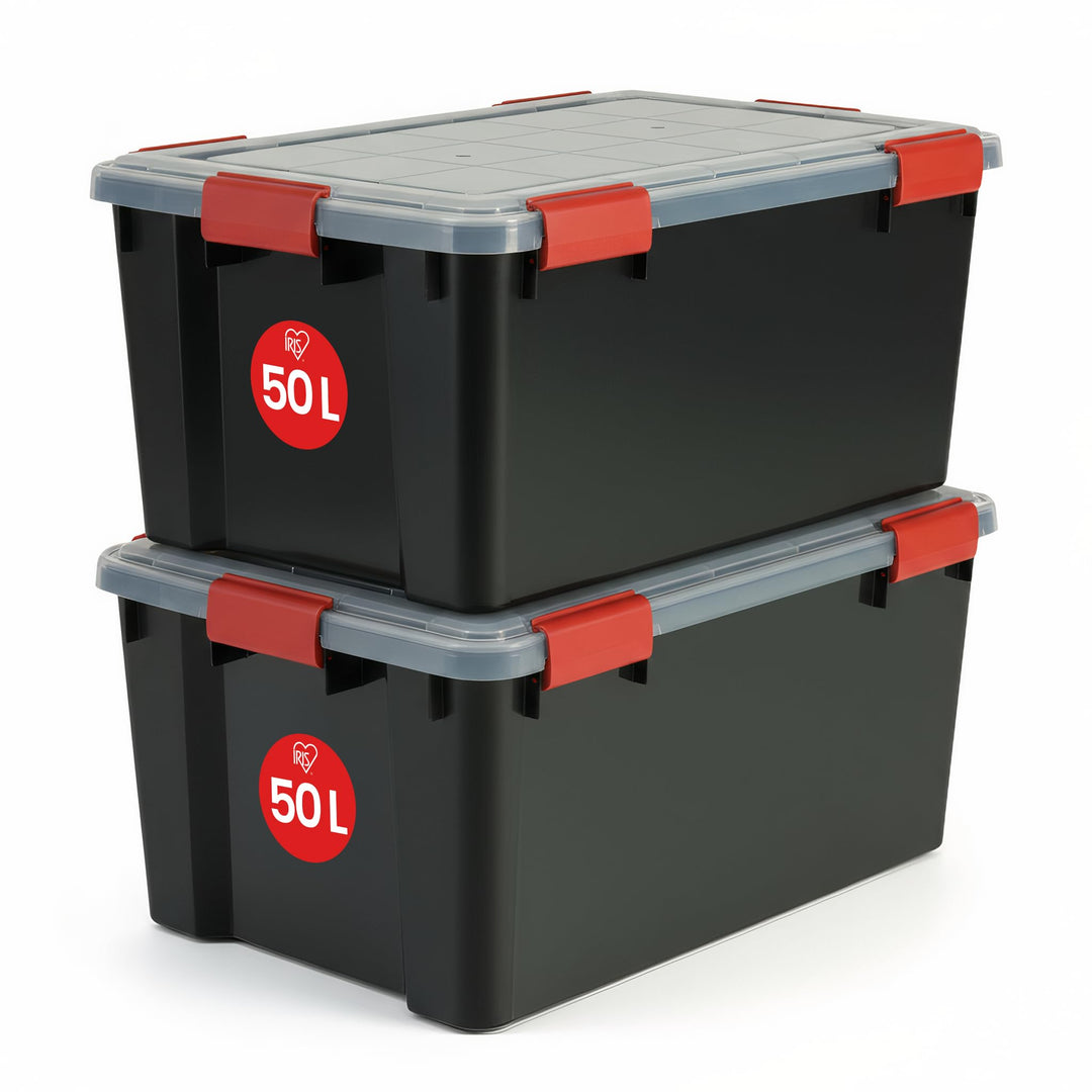 Iris Ohyama, 2er-Set luftdichte Aufbewahrungsboxen, 50 L, mit Clips, stapelbar, Garage, Keller, Dach