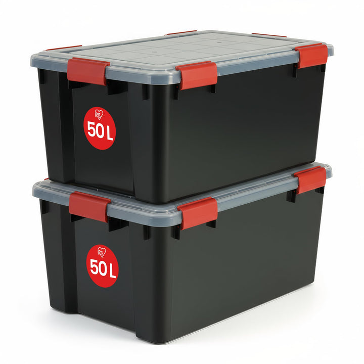 Iris Ohyama, 2er-Set luftdichte Aufbewahrungsboxen, 50 L, mit Clips, stapelbar, Garage, Keller, Dach
