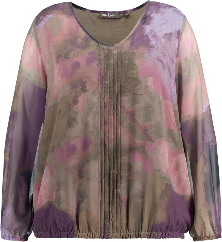 Ulla Popken Damen grosse Grössen Übergrössen Plus Size Bluse, Chiffon, V-Ausschnitt, Gummisaum, Lang