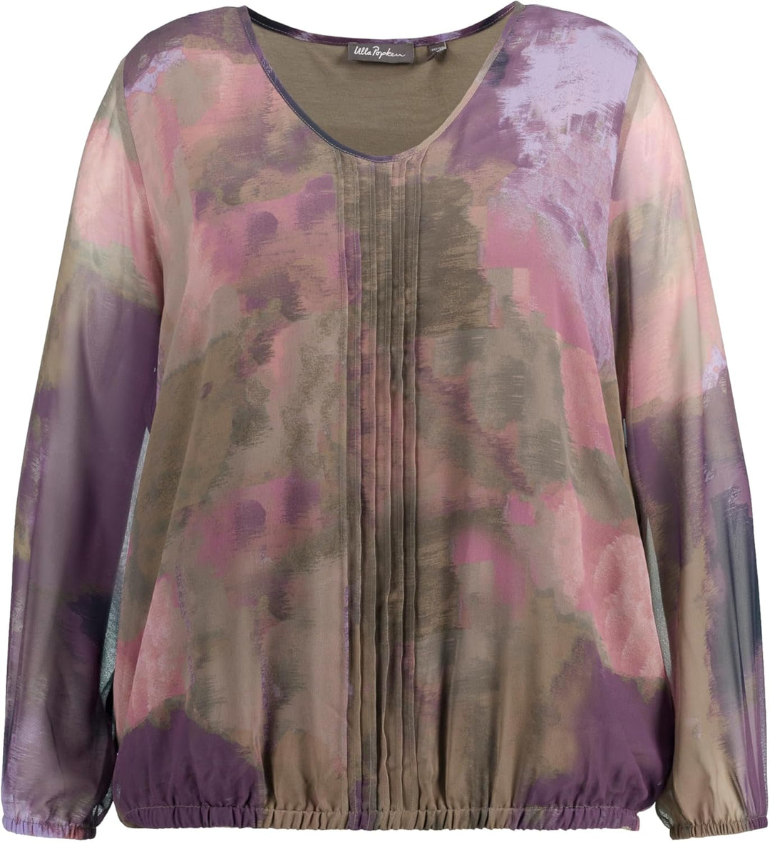 Ulla Popken Damen grosse Grössen Übergrössen Plus Size Bluse, Chiffon, V-Ausschnitt, Gummisaum, Lang