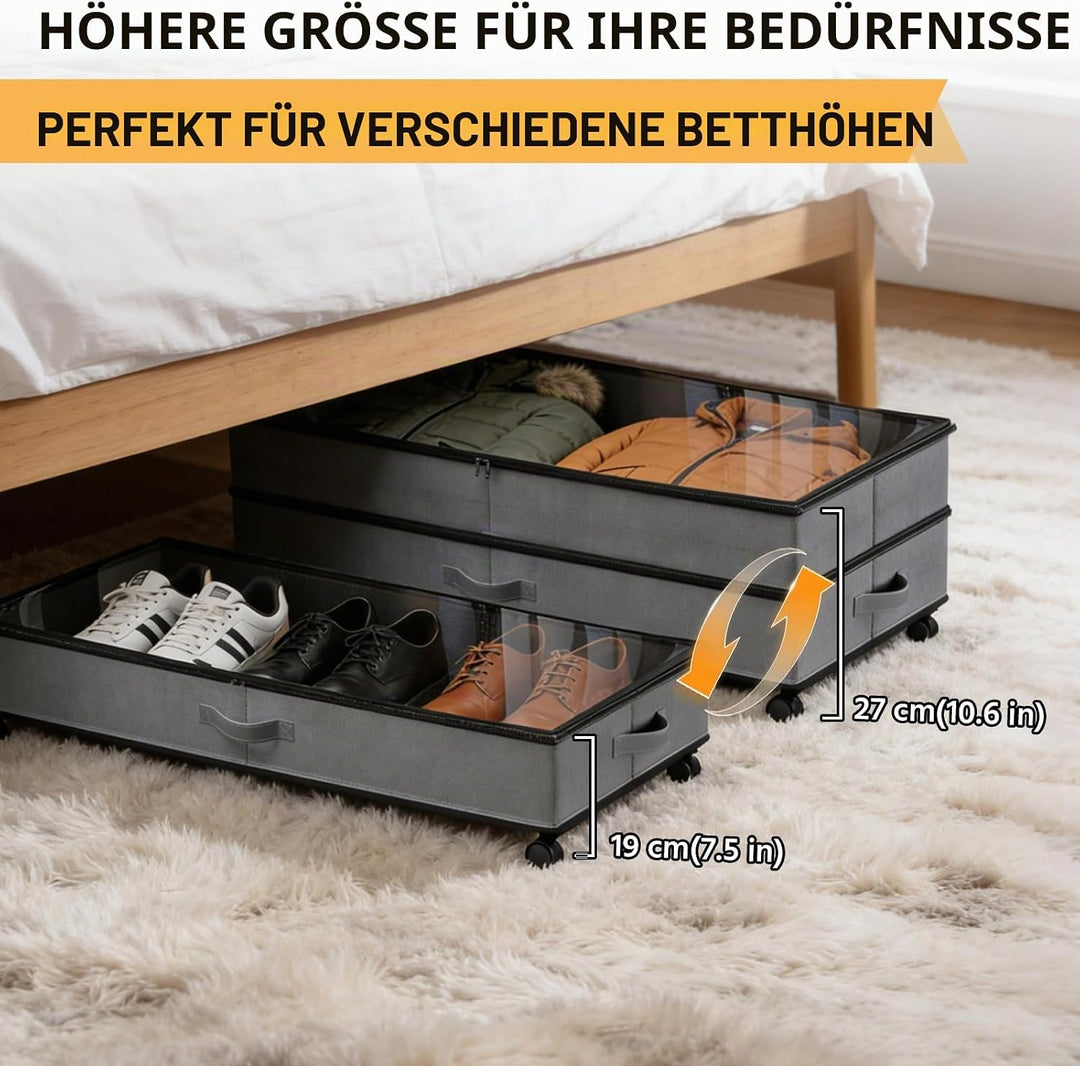 JAOGAUS Unterbett-Aufbewahrungsboxen auf Rollen, 2er-Set 75L Unterbett-Organizer mit Deckel, Höhenve