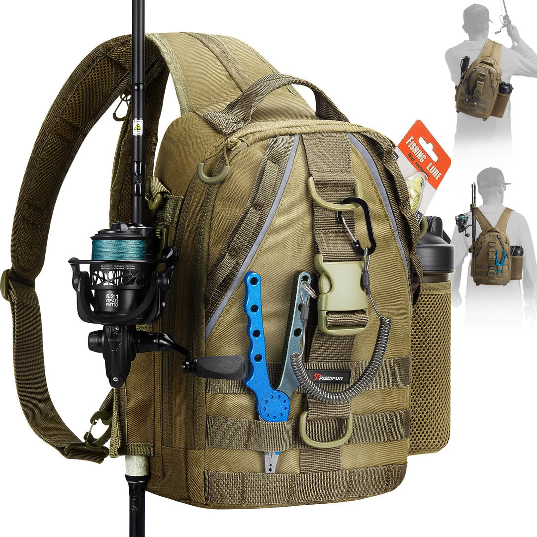 Piscifun Angelausrüstungs-Rucksack mit Ruten- und Ausrüstungshalter, leicht, wasserabweisend, Angel-