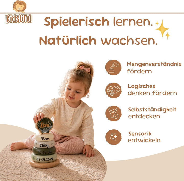 Personalisierbarer Holz-Stapelturm Olive – fördert Feinmotorik & Koordination – für Kinder ab 12 Mon