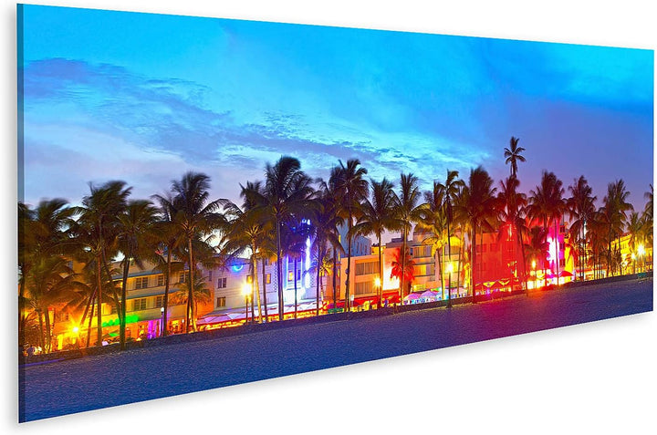 islandburner Bild auf Leinwand Miami Beach Florida Ocean Drive Palmen Bunte Lichter Bilder Wandbilde
