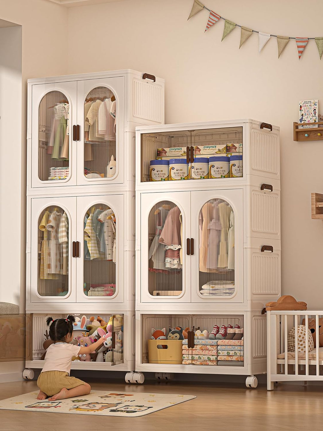 Faltbarer Kleiderschrank mit Rollen, 365L, 3 Ebenen Kunststoffschrank, Transparente Türen, Staubdich