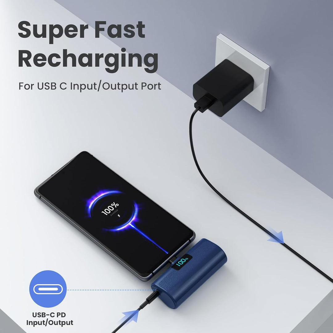 Mini Powerbank 5200mAh, Klein Power Bank USB C PD Externer Akku, Compact LCD Digitalanzeige Akkupack