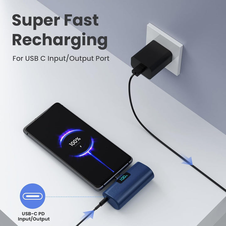 Mini Powerbank 5200mAh, Klein Power Bank USB C PD Externer Akku, Compact LCD Digitalanzeige Akkupack