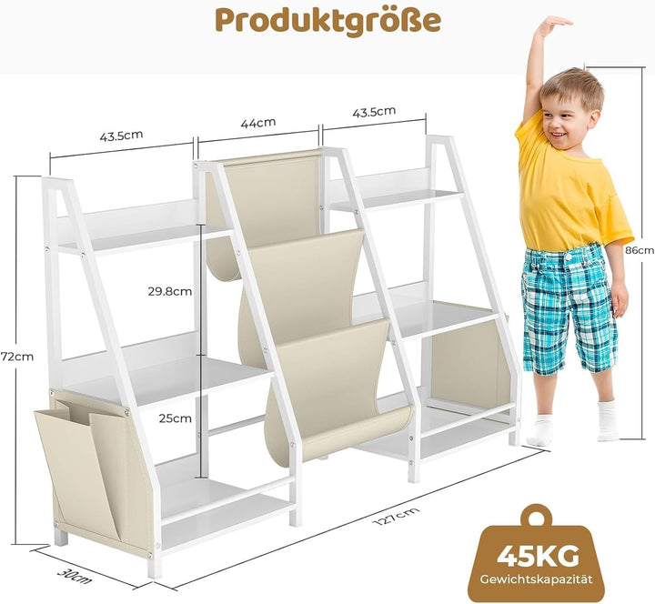 Kinder Bücherregal Mit 6 Fächern und 3 Ablagen | Spielzeugregal in Weiss | 127x72 cm Grosses Bücherr