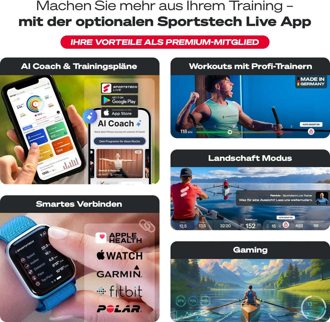 Rudergerät für Zuhause mit Wasser- oder Magnetwiderstand, LED-Display, Bluetooth App kompatibel, Dua