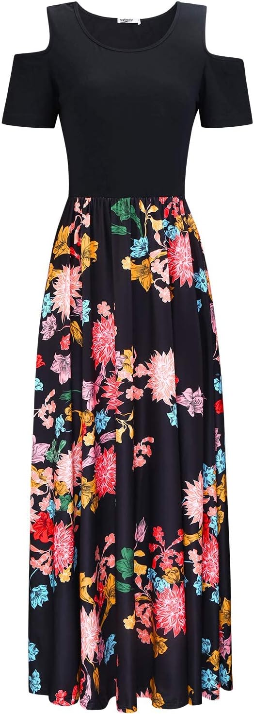 STYLEWORD Sommerkleid Damen Lang Maxikleid Sommer Elegant Freizeitkleid Kurzarm Kleider mit Taschen