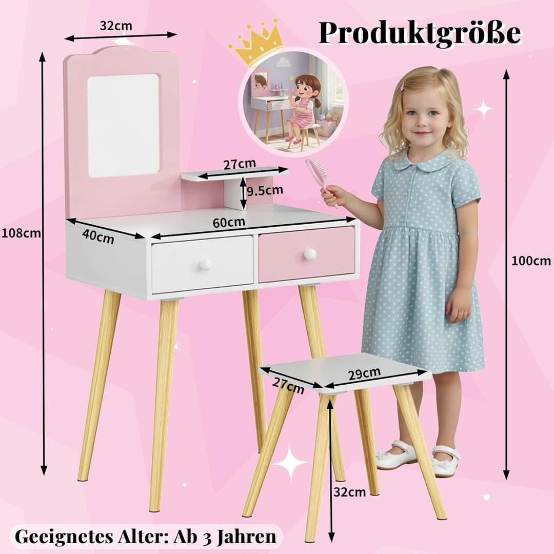 Clevich 2 in 1 Schminktisch Kinder Set, Prinzessin Frisiertisch mit Abnehmbarem Spiegel, 2 Schublade