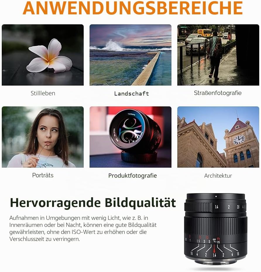 7artisans 55 mm F1.4 Mark II APS-C Manueller Fokus-Objektiv, grosse Blende, spiegellose Kamera-Objek