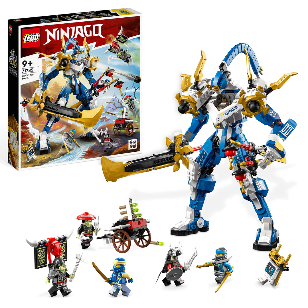 LEGO 71785 NINJAGO Jays Titan-Mech, Ninja-Spielset mit Jay, NYA und grüner Skelett-Krieger Minifigur