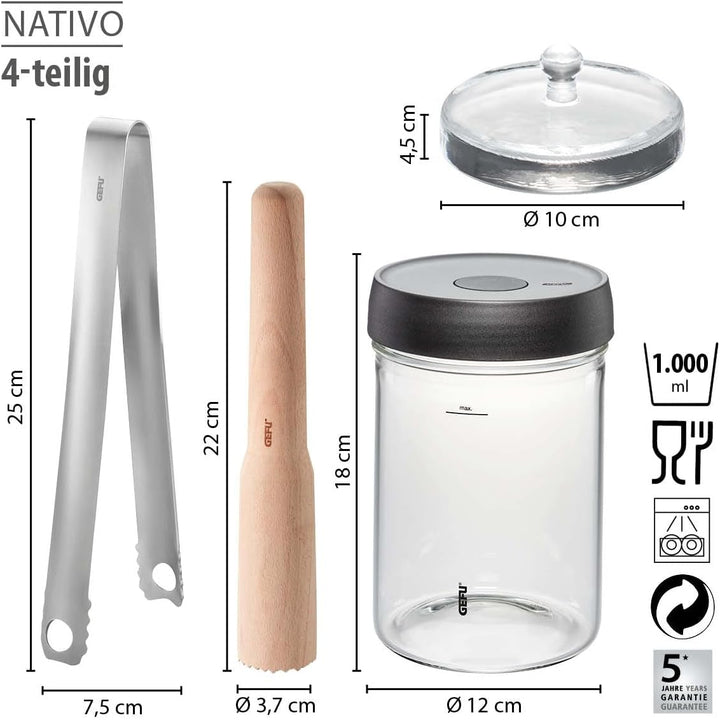 GEFU Fermentierset NATIVO 4-tlg., inkl. 1 Liter Fermentationsglas mit Beschwerungsgewicht, Stössel u