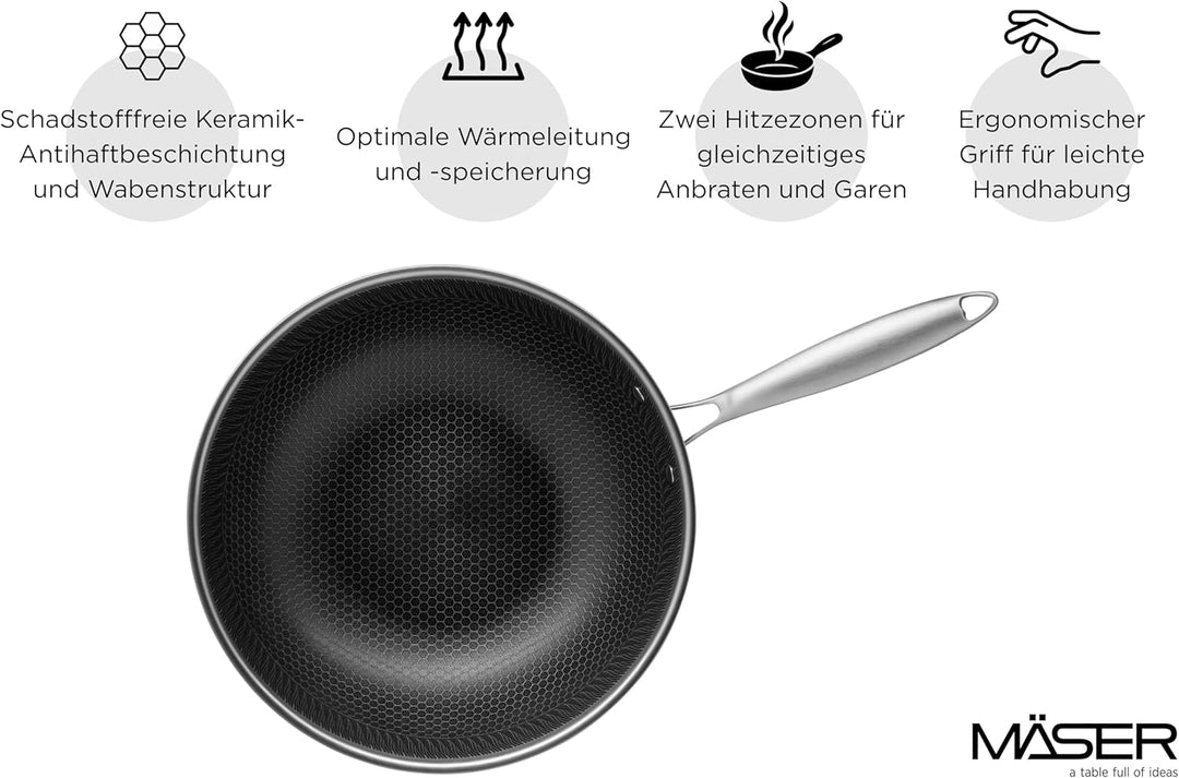 MÄSER Hestia, Wok 30 cm, Edelstahl keramikbeschichtet mit Wabenstruktur, Silber/Schwarz