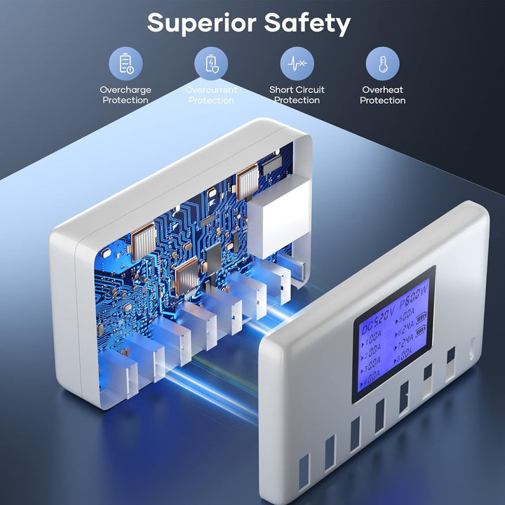 USB Ladegerät, 60W 8 Ports USB Ladestation 12A USB C Ladegerät mit LCD Display für mehrere Geräte, U