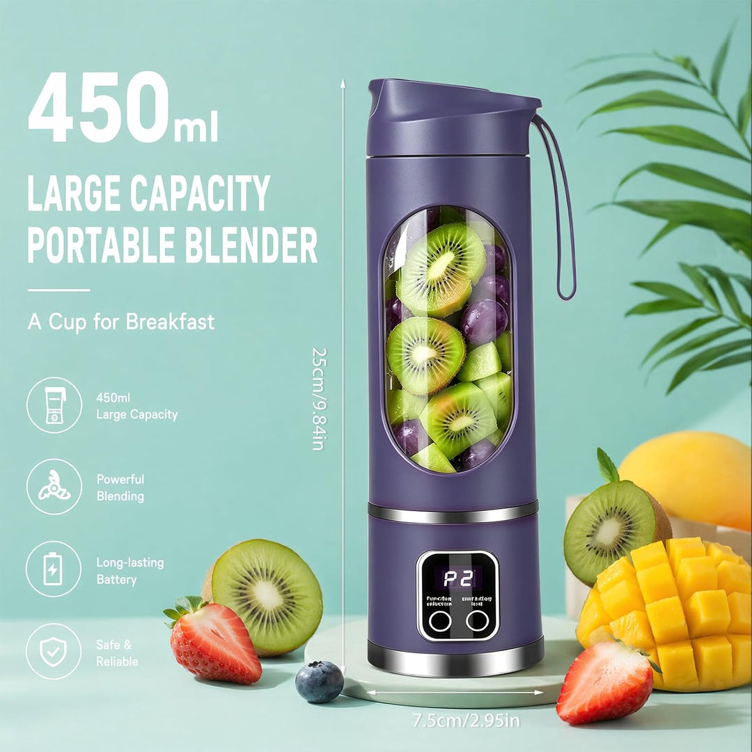 Tragbarer Mixer Smoothie Maker, Mini Mixer to go 450 ml, Wiederaufladbar, Becher mit LED Display, 12