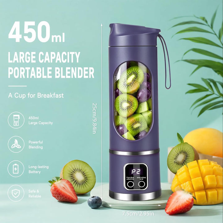 Tragbarer Mixer Smoothie Maker, Mini Mixer to go 450 ml, Wiederaufladbar, Becher mit LED Display, 12