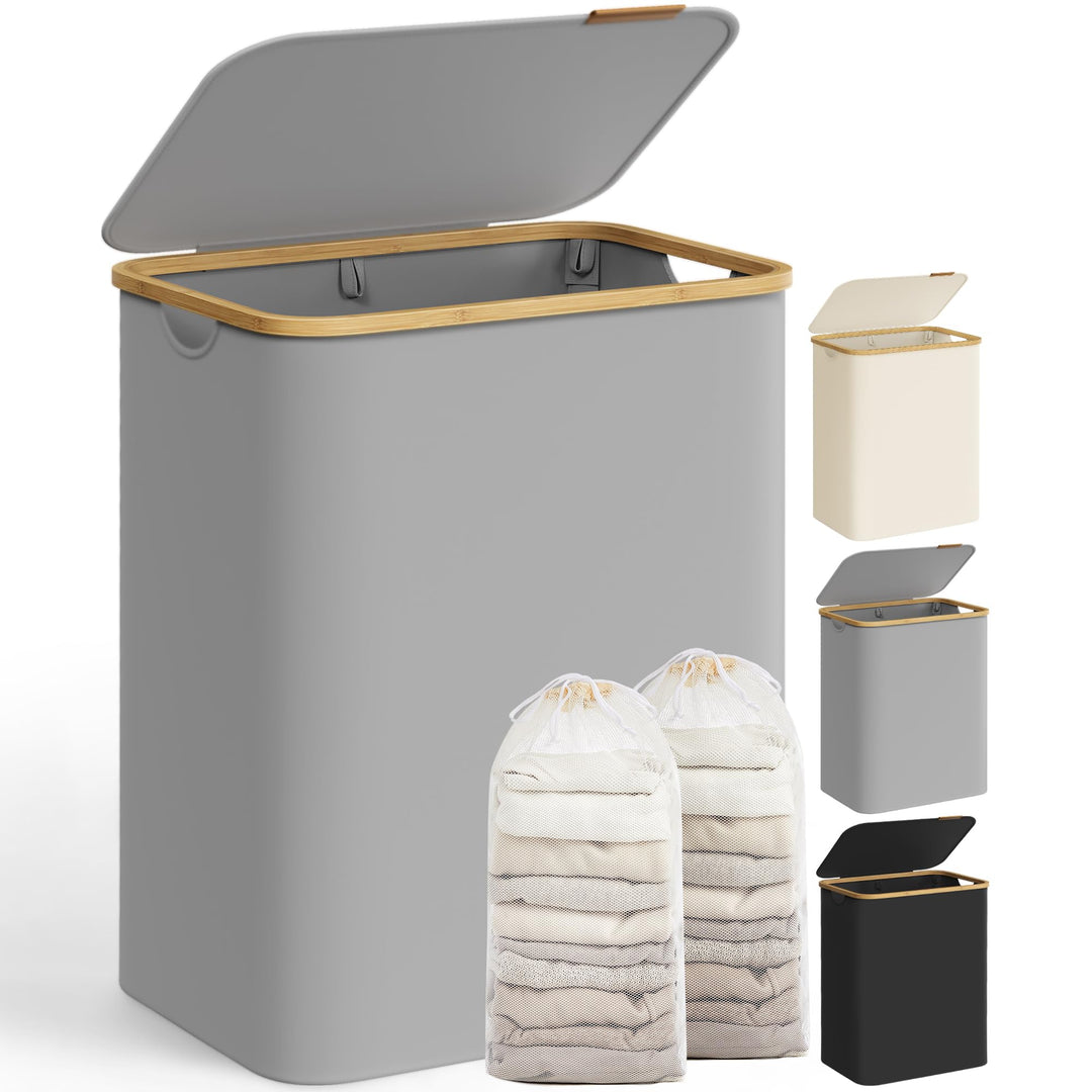 SONGMICS Wäschekorb mit Deckel, Wäschesammler mit 2 Fächern, 130 L, herausnehmbarer Wäschesack, Oxfo