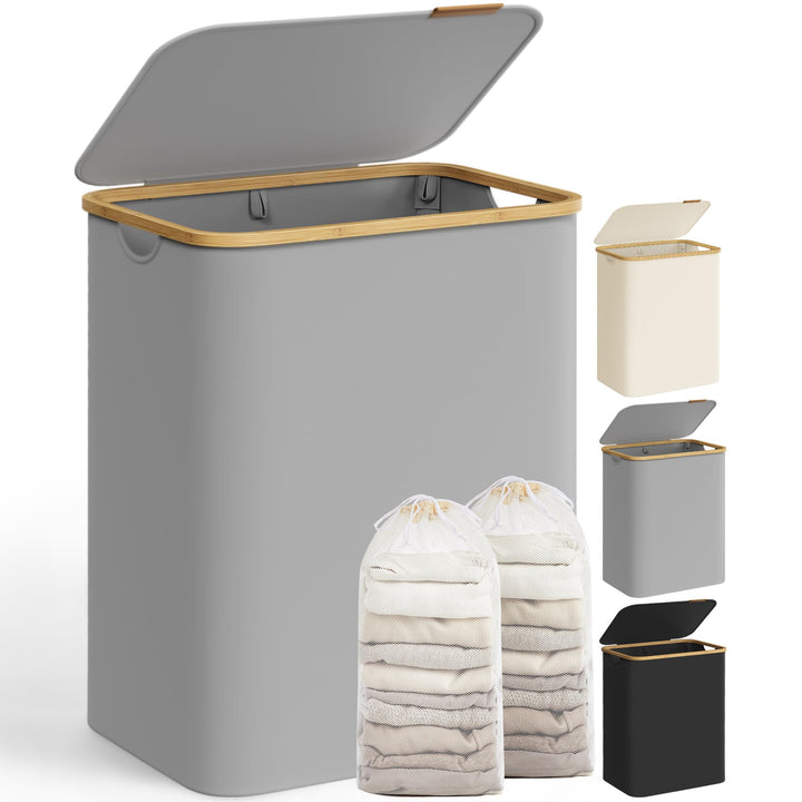 SONGMICS Wäschekorb mit Deckel, Wäschesammler mit 2 Fächern, 130 L, herausnehmbarer Wäschesack, Oxfo