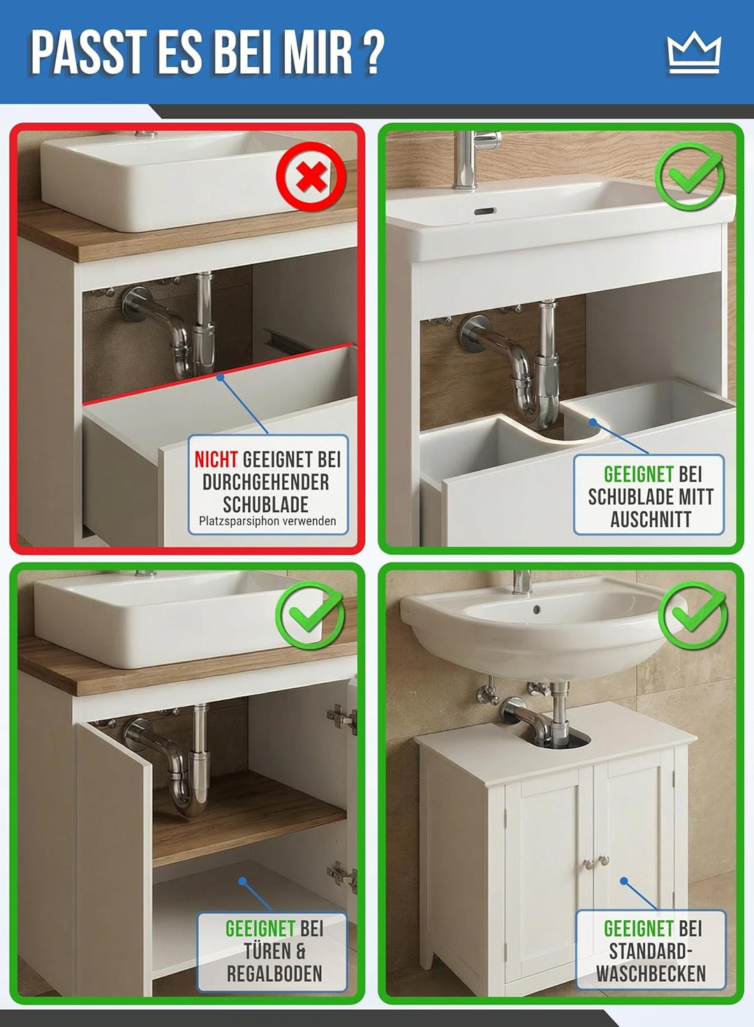 FEINER® - Premium Universal Siphon für Waschbecken Edelstahl, Abflussrohr Tauchrohr 2-12cm höhenvers