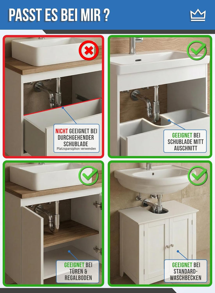 FEINER® - Premium Universal Siphon für Waschbecken Edelstahl, Abflussrohr Tauchrohr 2-12cm höhenvers