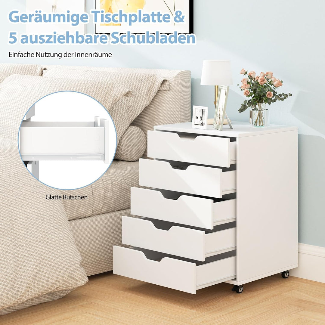 GOPLUS Schubladenschrank mit Rollen, Rollcontainer mit 5 Schubladen, Griffmulden, mobiler Aktenschra
