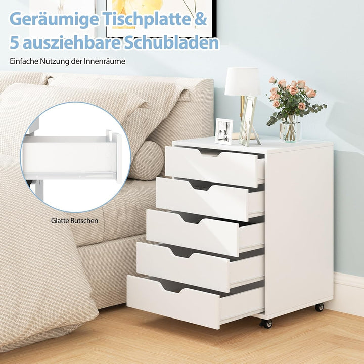 GOPLUS Schubladenschrank mit Rollen, Rollcontainer mit 5 Schubladen, Griffmulden, mobiler Aktenschra