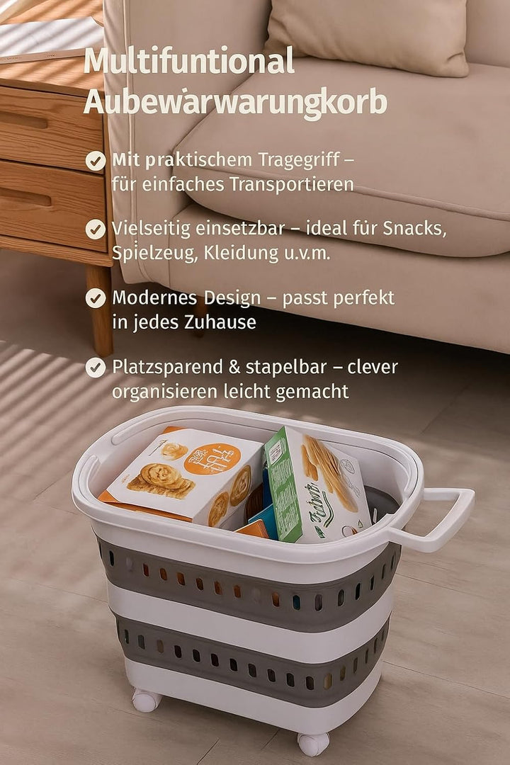 König Design Faltbarer Wäschekorb aus Kunststoff mit Rädern, 38 Liter, zusammenklappbar, mit Rollen,