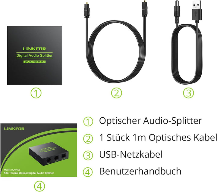 LiNKFOR Optischer Splitter, SPDIF Toslink Splitter, 1x3 Digital Audio Verteiler, 1 optisches Kabel,