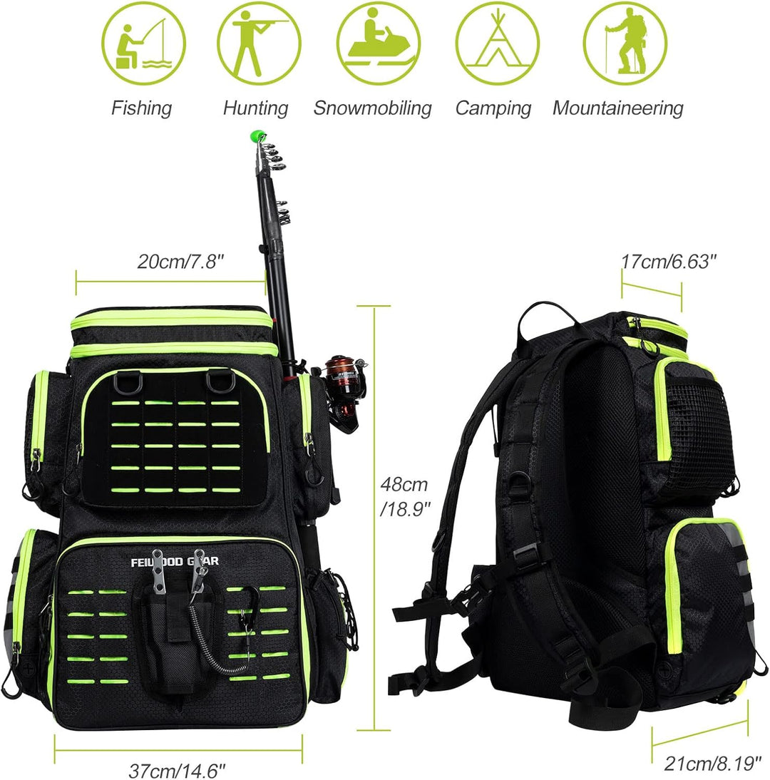 FEIWOOD GEAR Angelausrüstungs-Rucksack mit 4 Angelboxen, grosser Stauraum – widerstandsfähiger Angel
